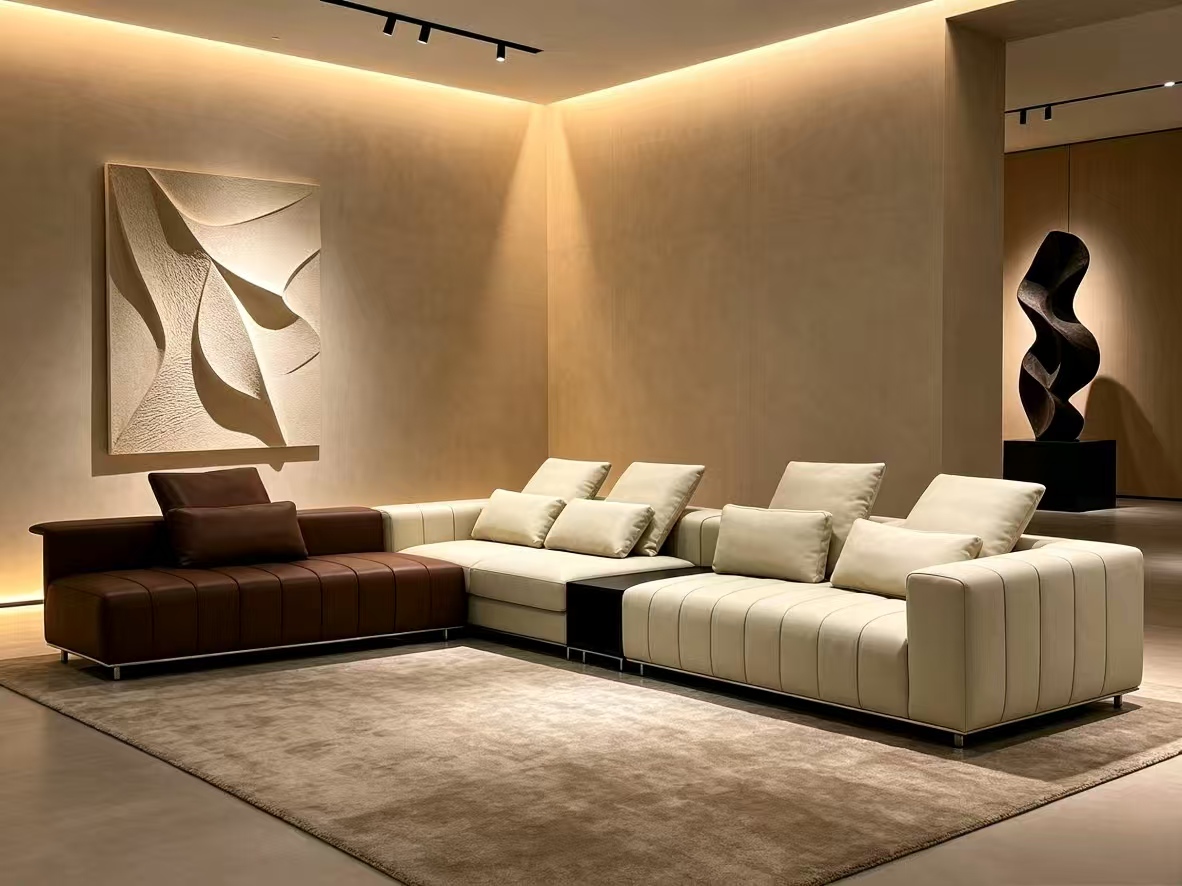 Italian Piano-Key Leather Modular Sofa in Two-Tone Finish