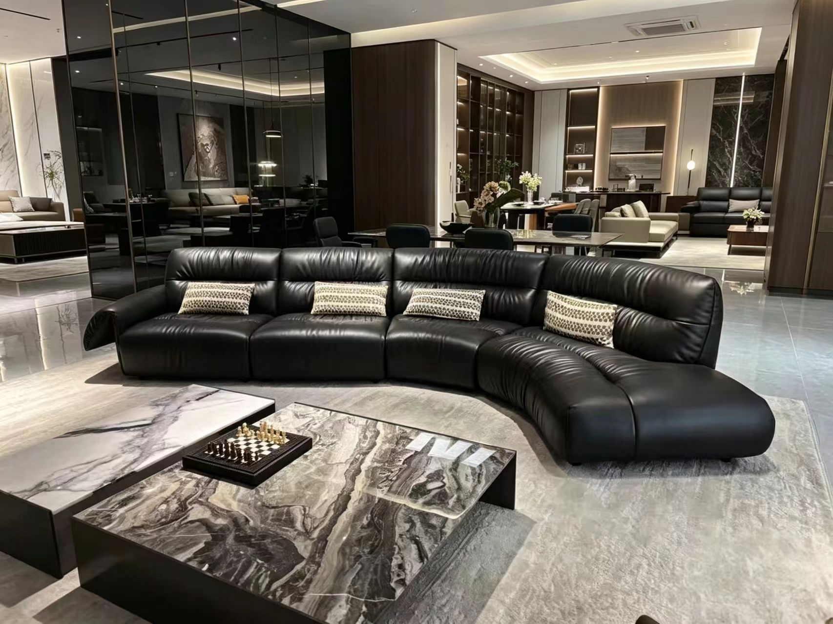 Modern Luxury Black Leather Curved Sectional Sofa