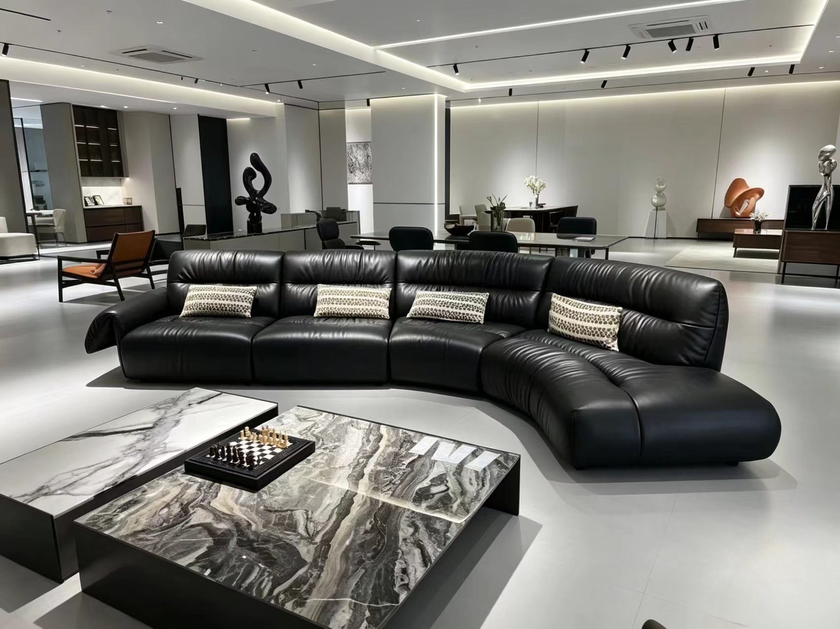 Modern Luxury Black Leather Curved Sectional Sofa