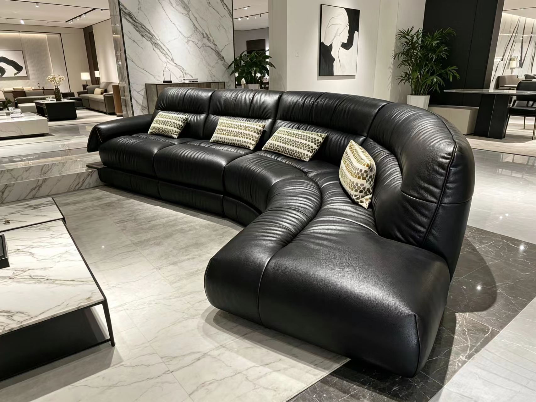 Modern Luxury Black Leather Curved Sectional Sofa