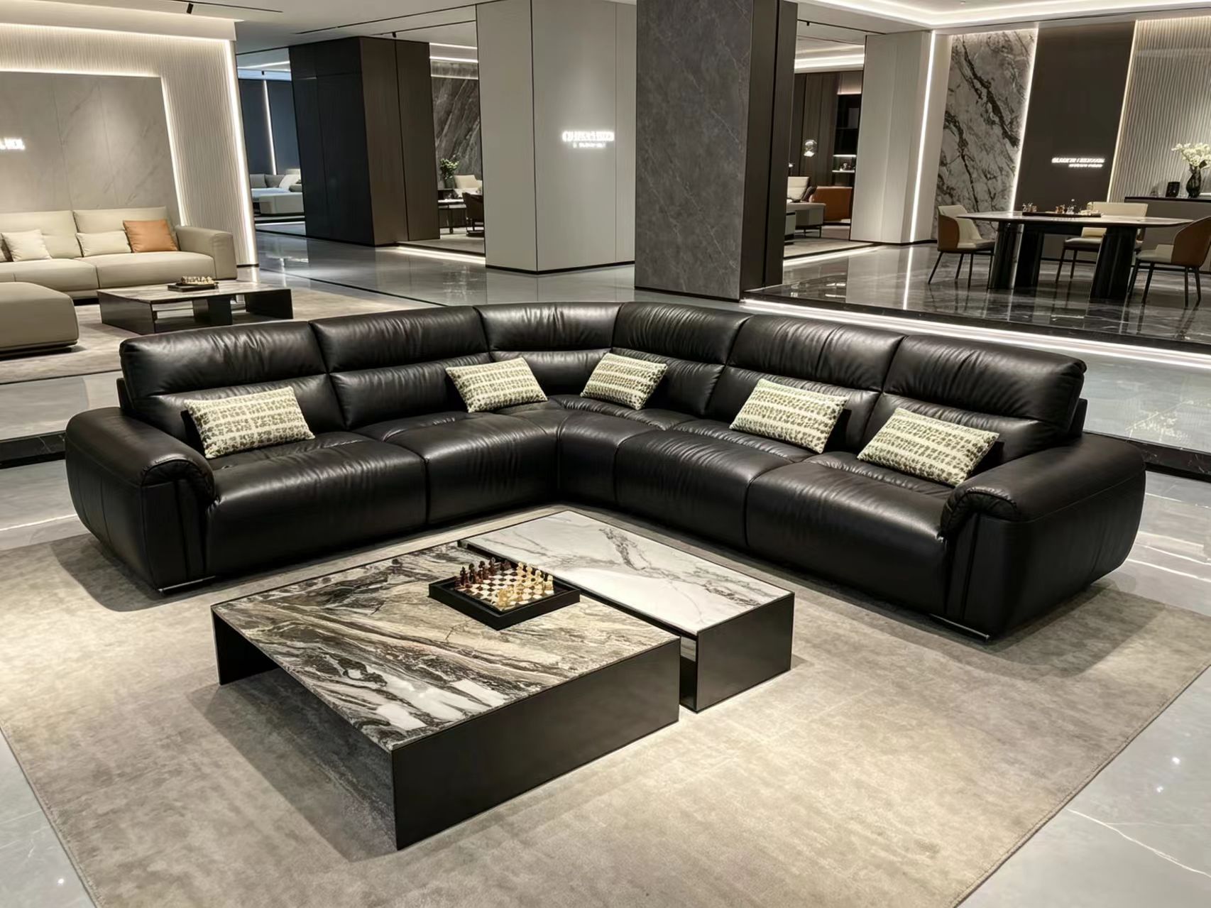 Modern Luxury Black Leather Curved Sectional Sofa