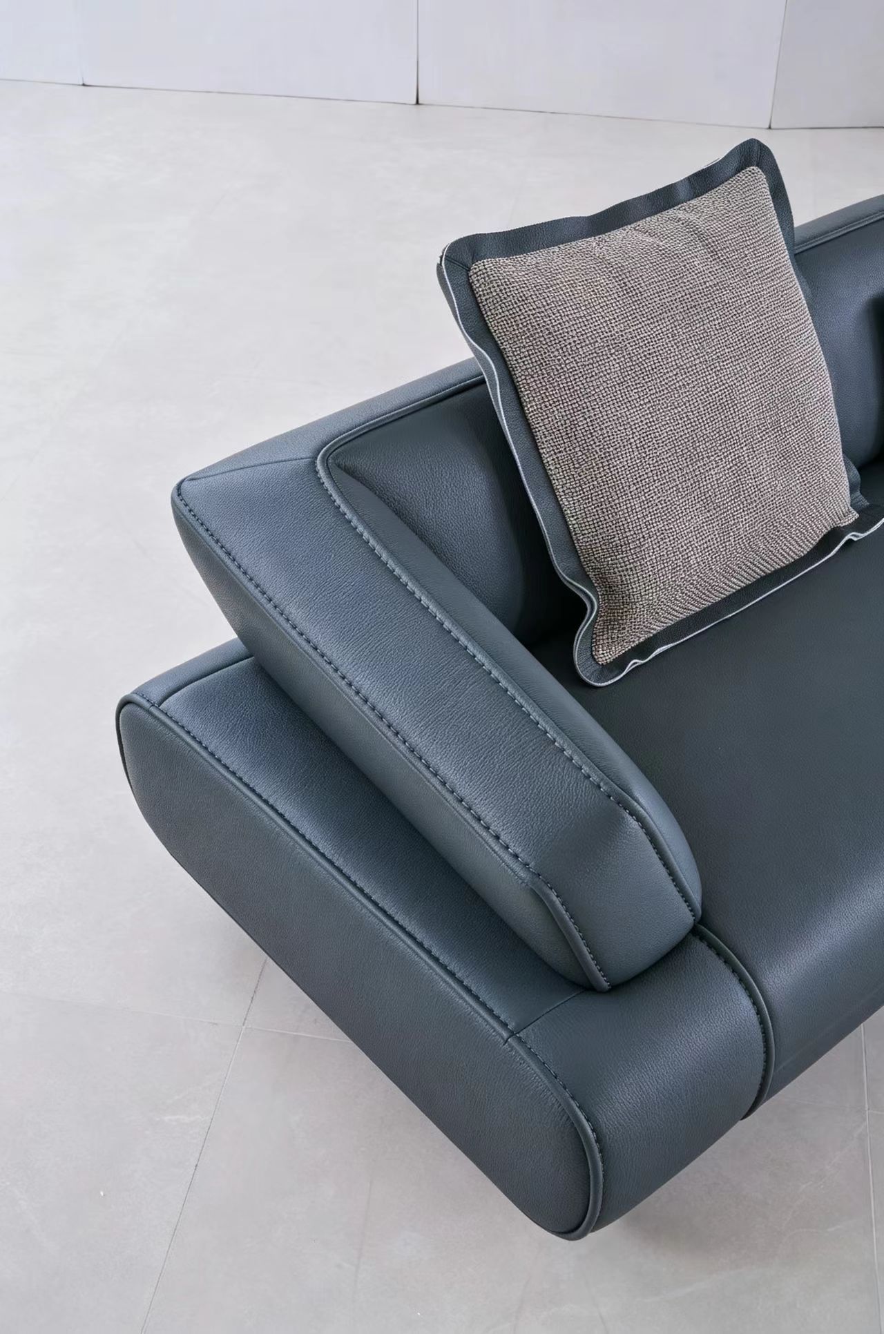 Modern Minimalist Navy Blue Leather L-Shaped Sectional Sofa