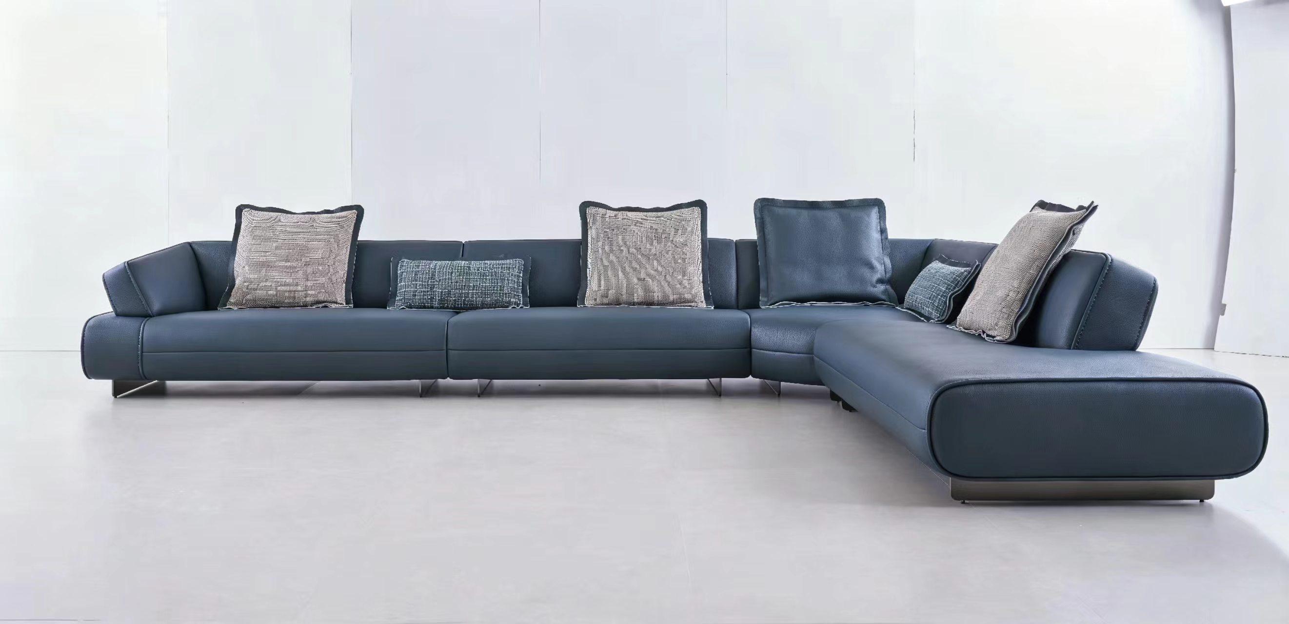 Modern Minimalist Navy Blue Leather L-Shaped Sectional Sofa