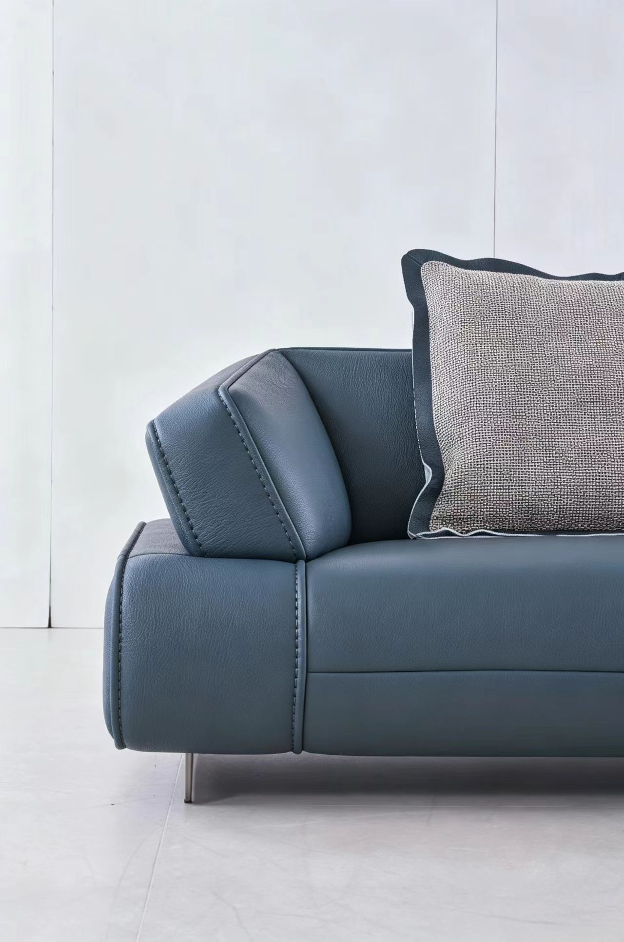 Modern Minimalist Navy Blue Leather L-Shaped Sectional Sofa