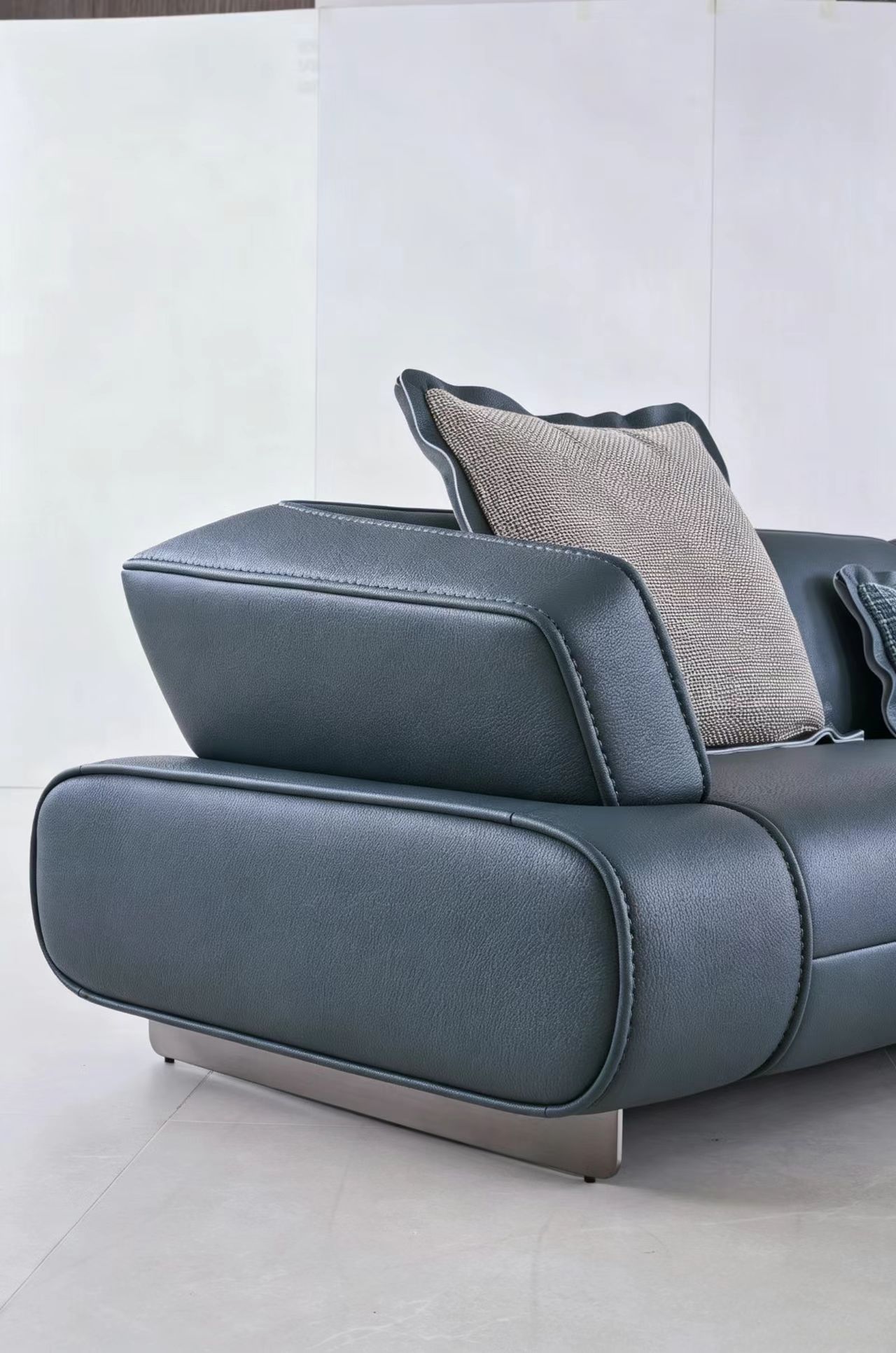 Modern Minimalist Navy Blue Leather L-Shaped Sectional Sofa