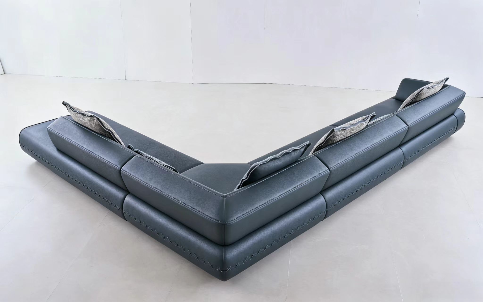Modern Minimalist Navy Blue Leather L-Shaped Sectional Sofa