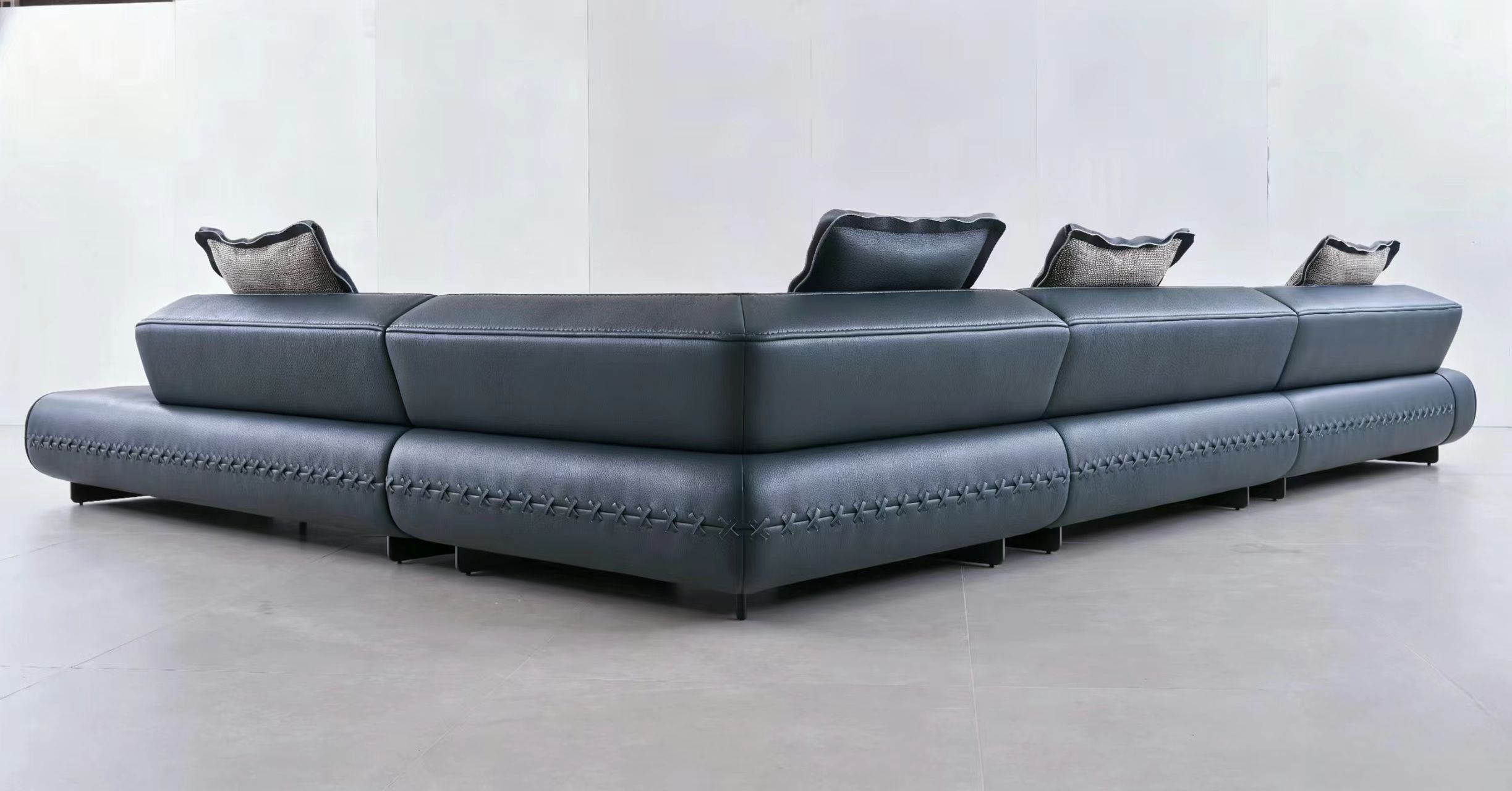 Modern Minimalist Navy Blue Leather L-Shaped Sectional Sofa