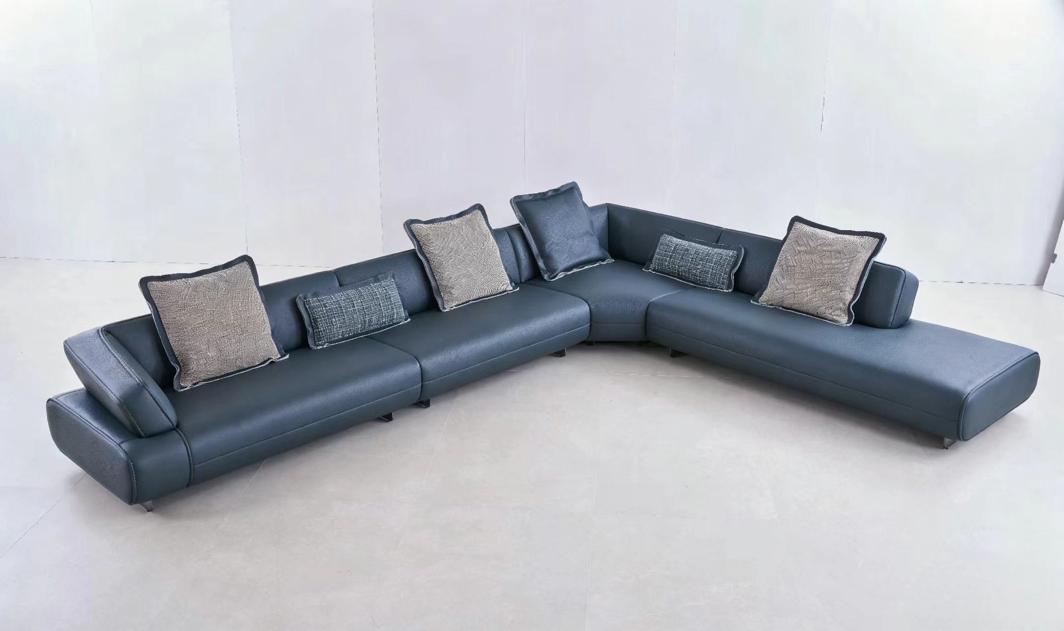Modern Minimalist Navy Blue Leather L-Shaped Sectional Sofa