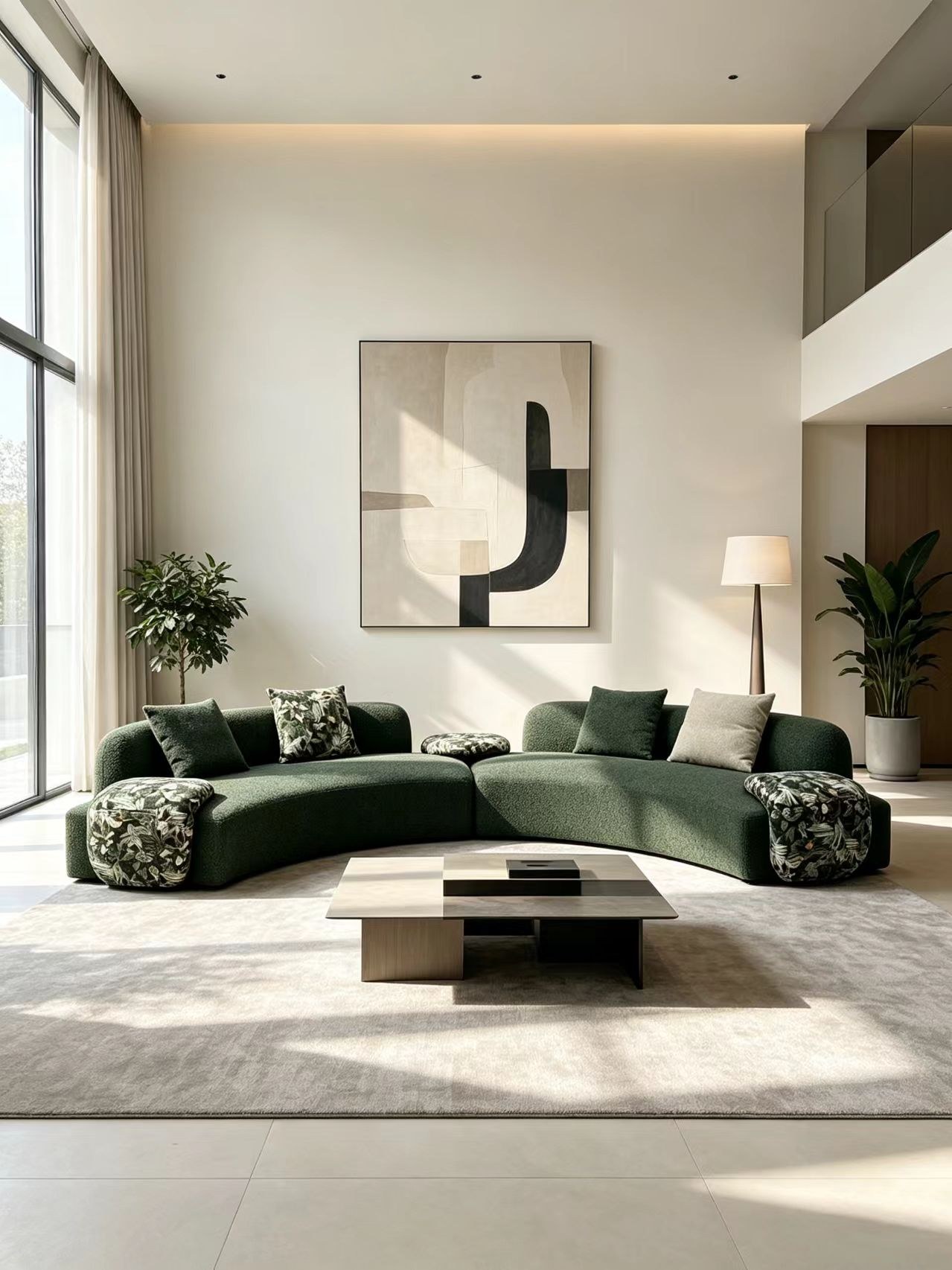 Deep Green Curved Teddy-Textured Modular Sofa
