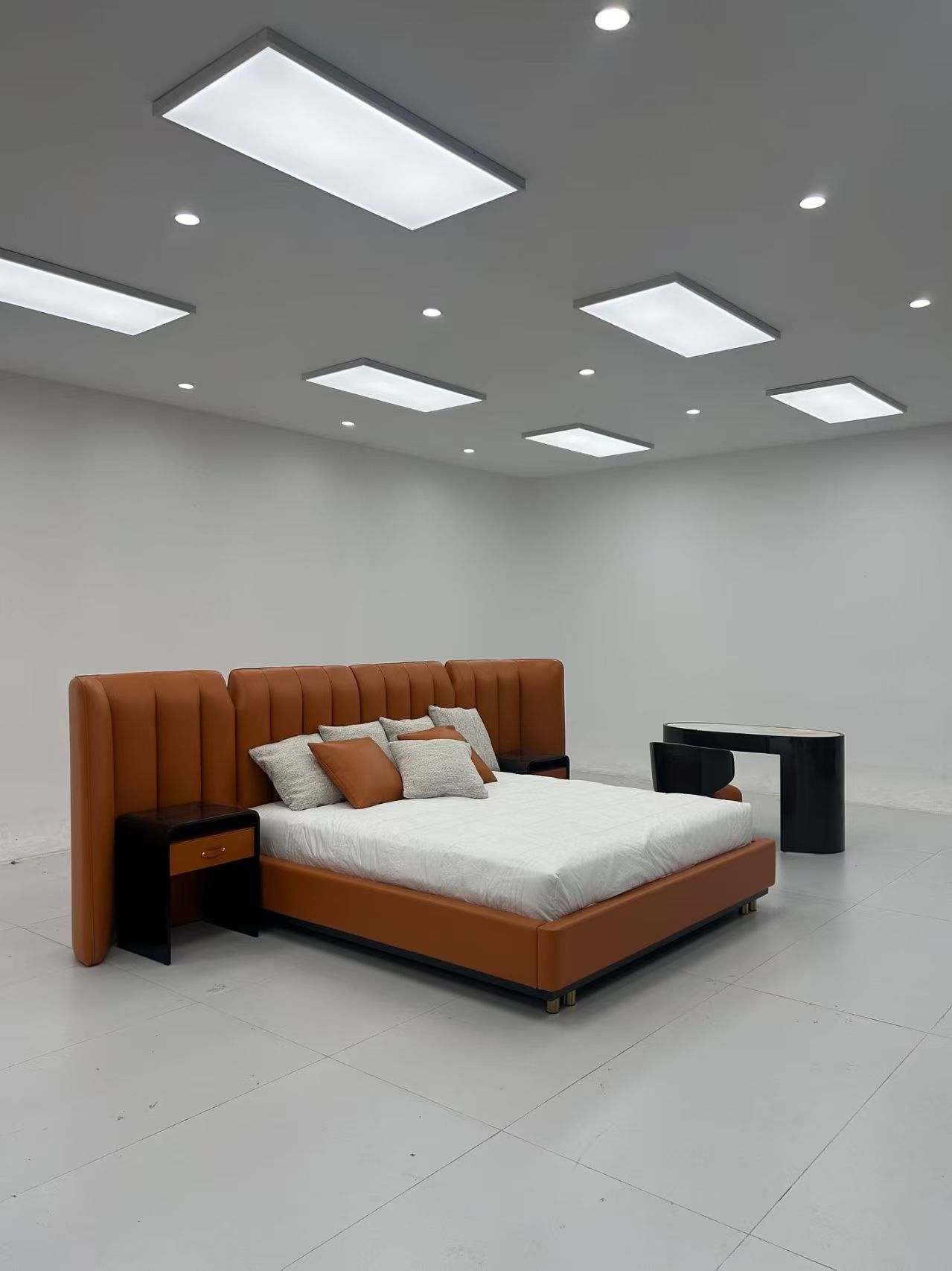 Modern Luxury Caramel Orange Leather Upholstered Bed