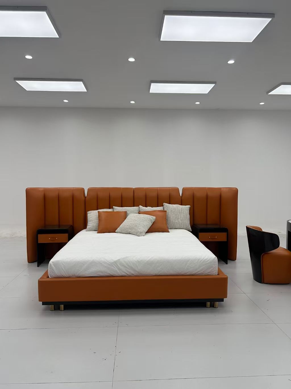 Modern Luxury Caramel Orange Leather Upholstered Bed