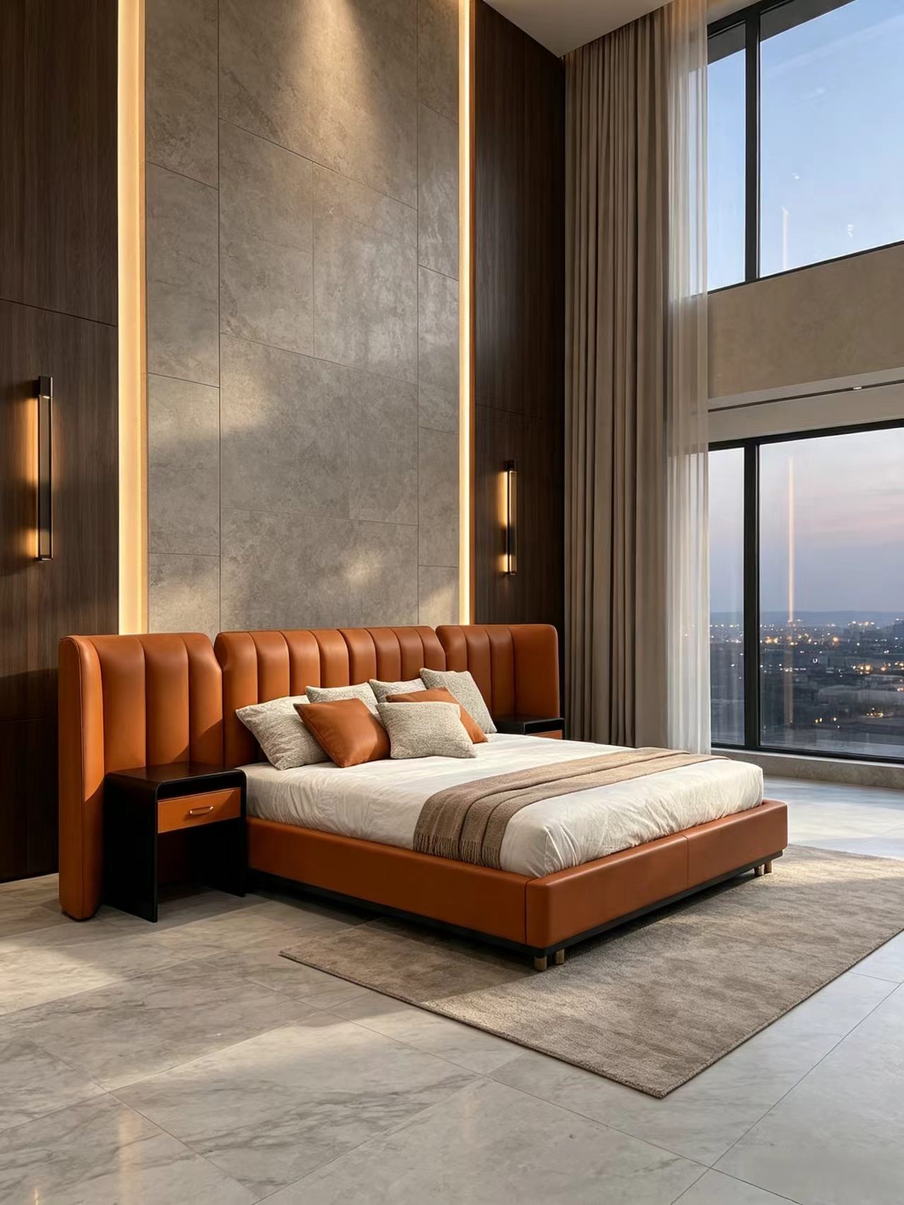 Modern Luxury Caramel Orange Leather Upholstered Bed