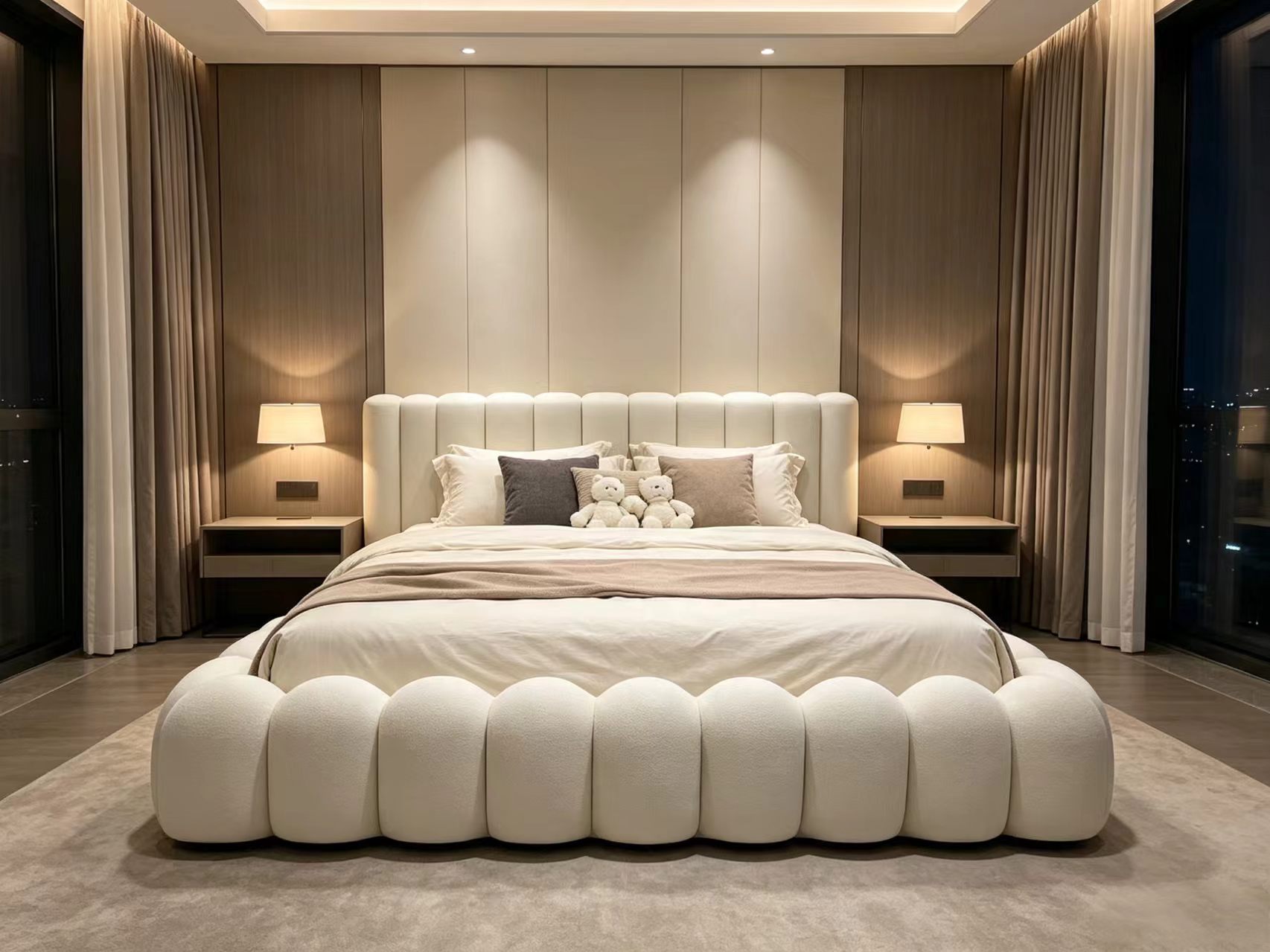 Cream Rounded Panel Upholstered Bed