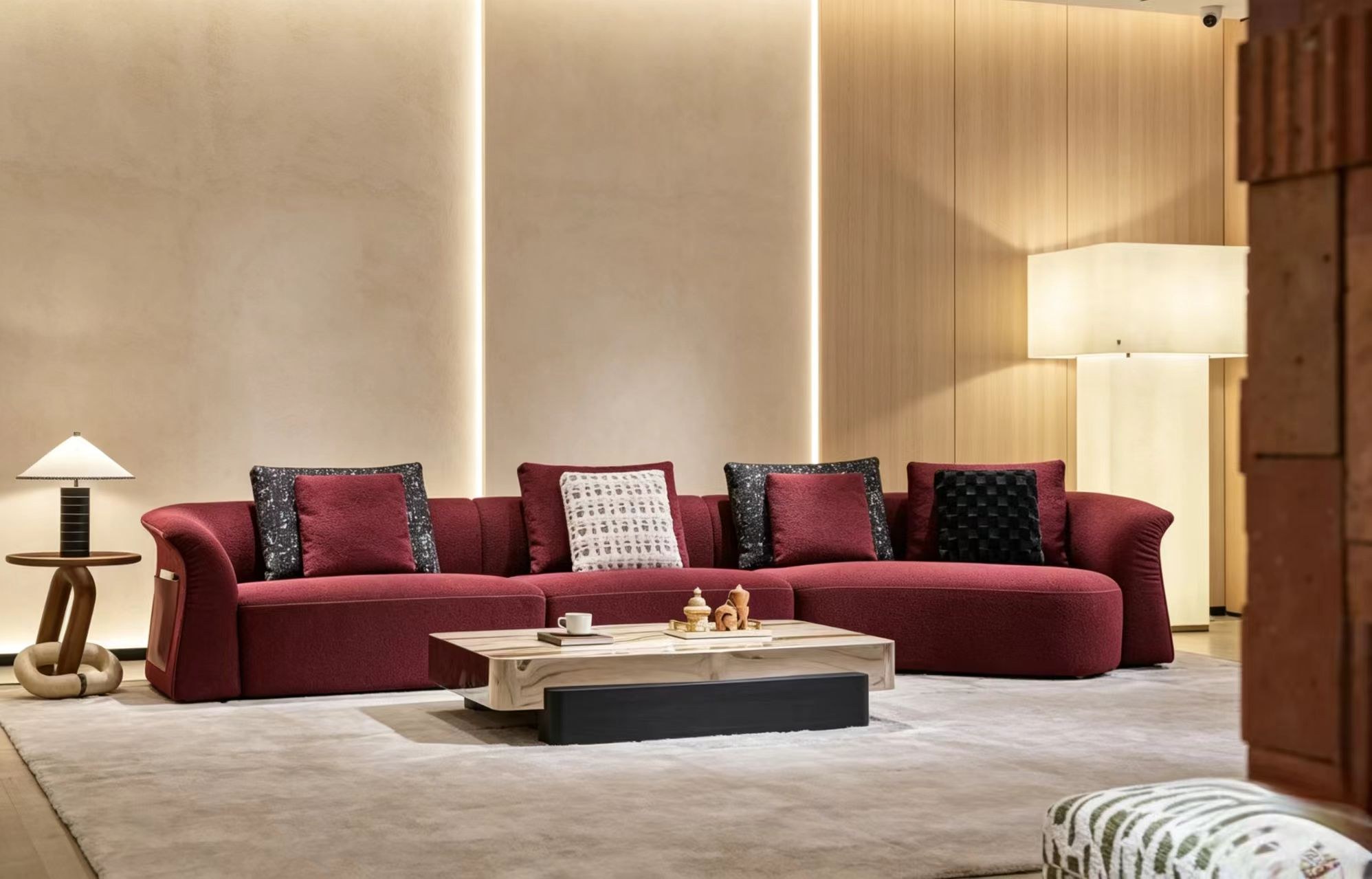 Burgundy Curved Modular Fabric Sofa
