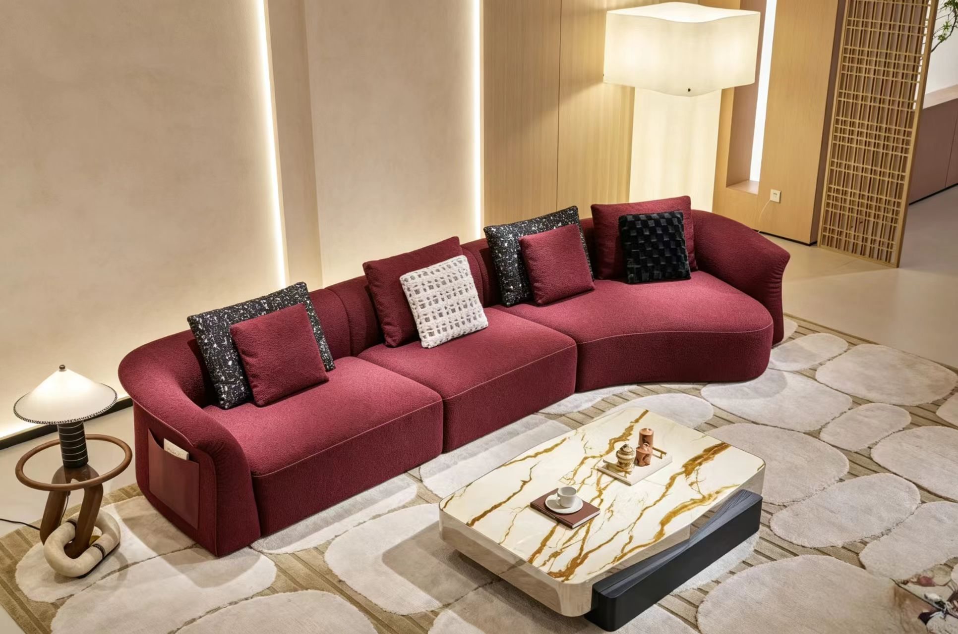 Burgundy Curved Modular Fabric Sofa