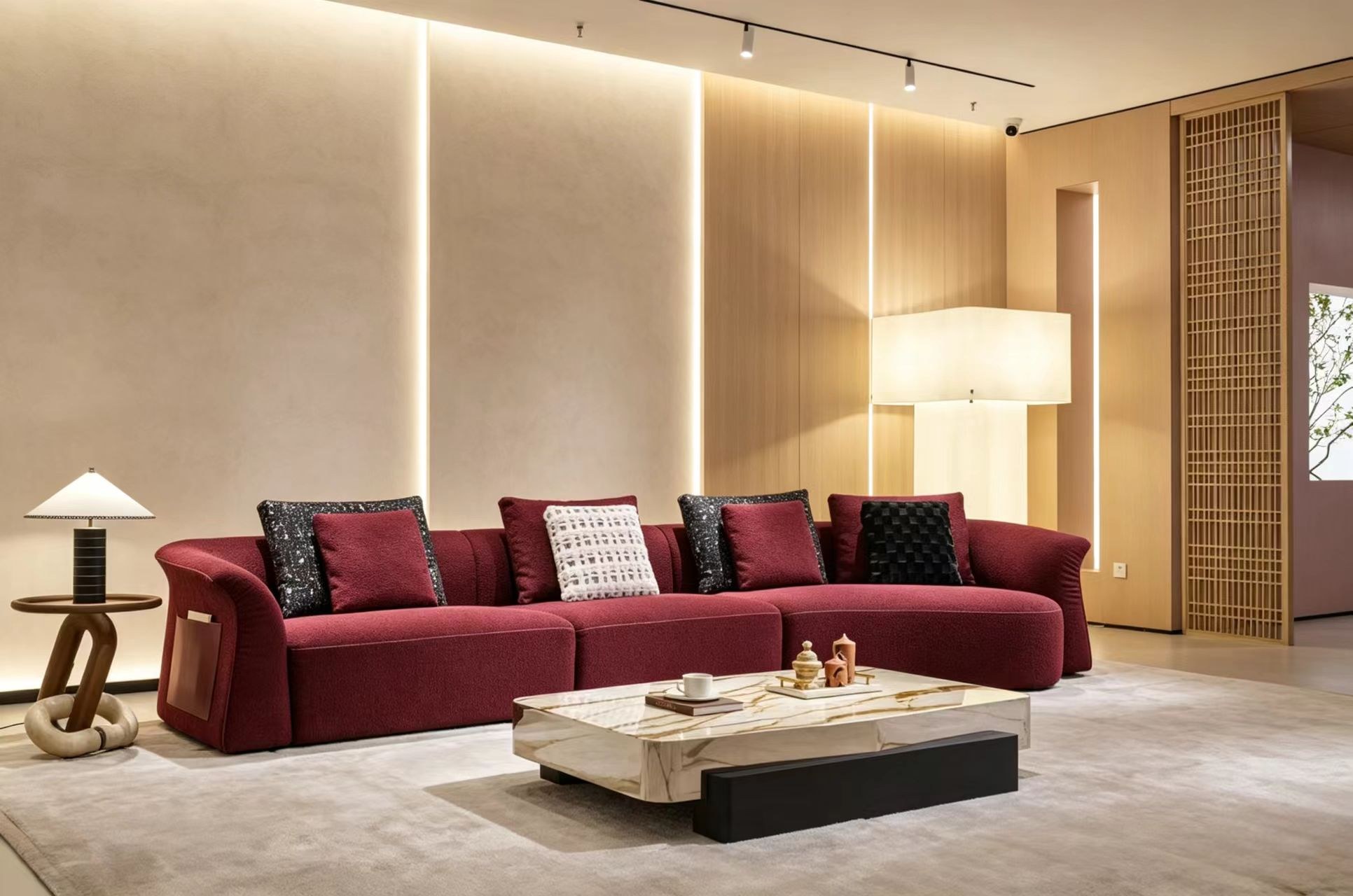 Burgundy Curved Modular Fabric Sofa
