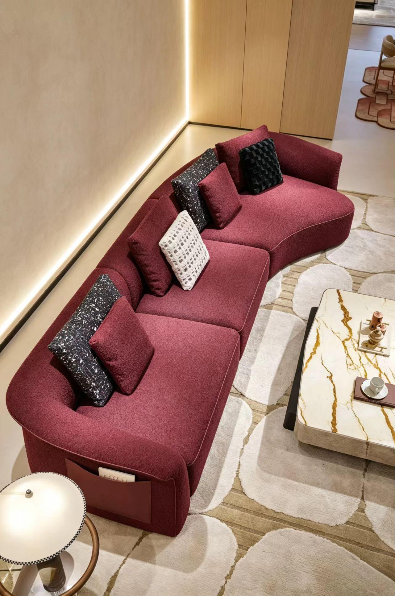 Burgundy Curved Modular Fabric Sofa