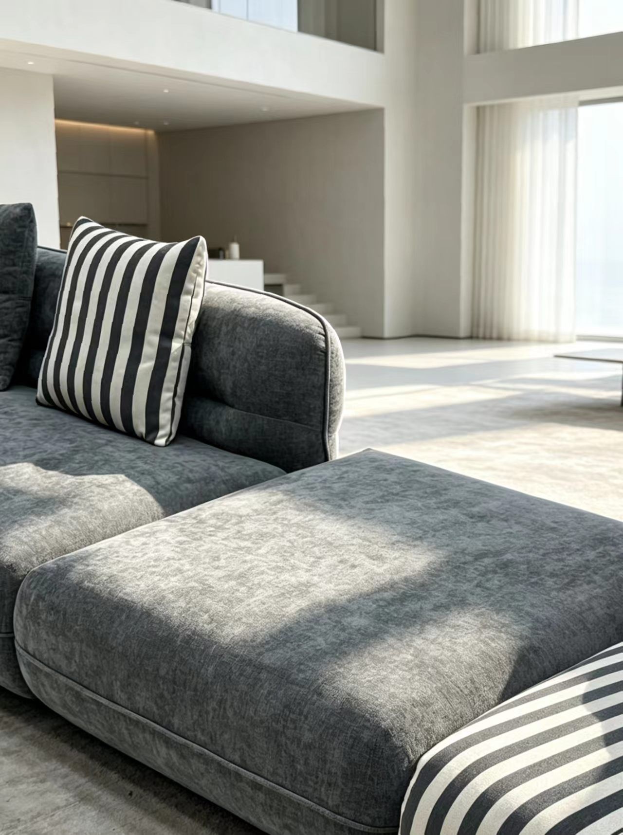 Curved Modular Fabric Sofa with Striped Cushions