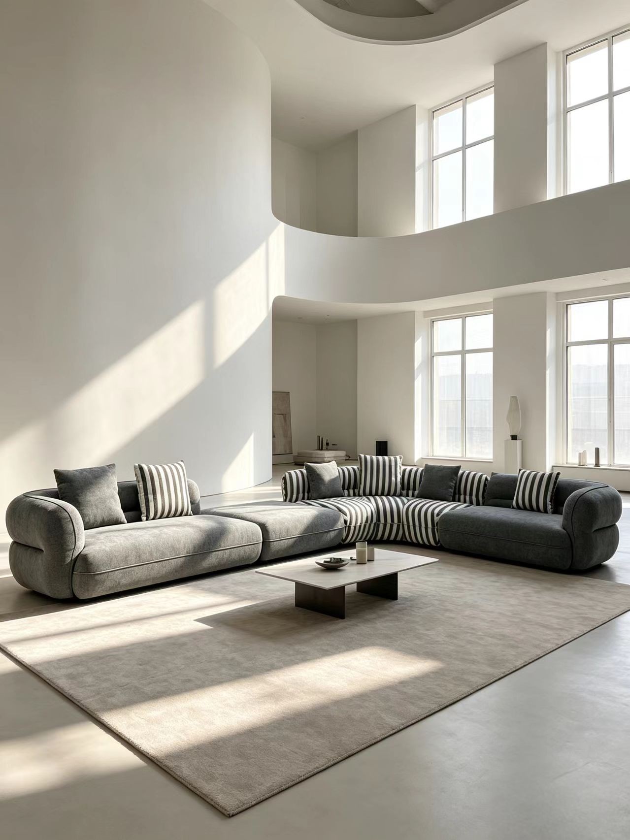 Curved Modular Fabric Sofa with Striped Cushions