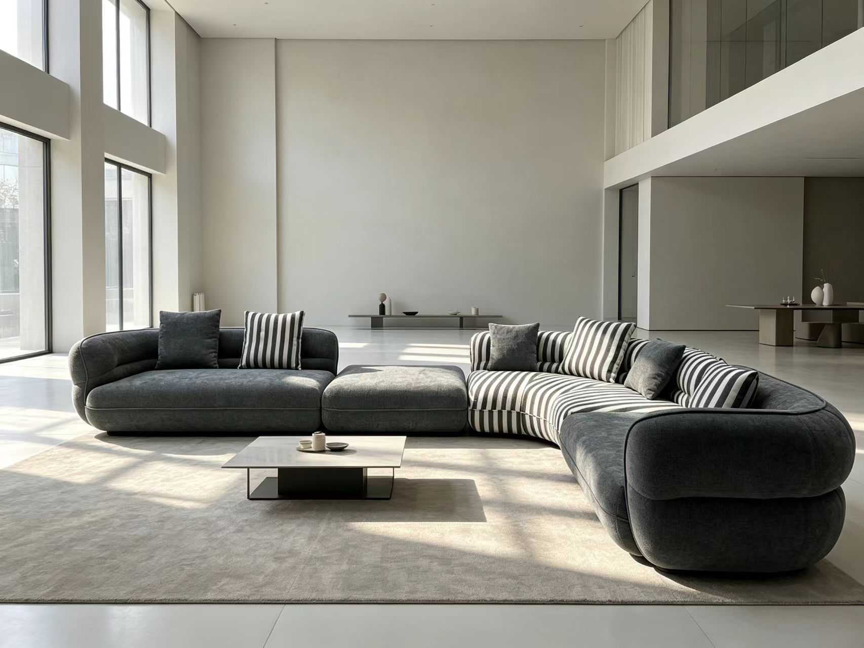 Curved Modular Fabric Sofa with Striped Cushions